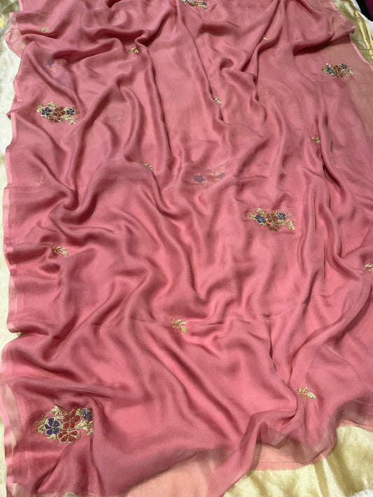 ( DELIVERY IN 20-25 DAYS ) RUST PINK COLOUR CHIFFON HAND EMBROIDERED SAREE EMBELLISHED WITH ZARDOZI & CUTDANA WORK