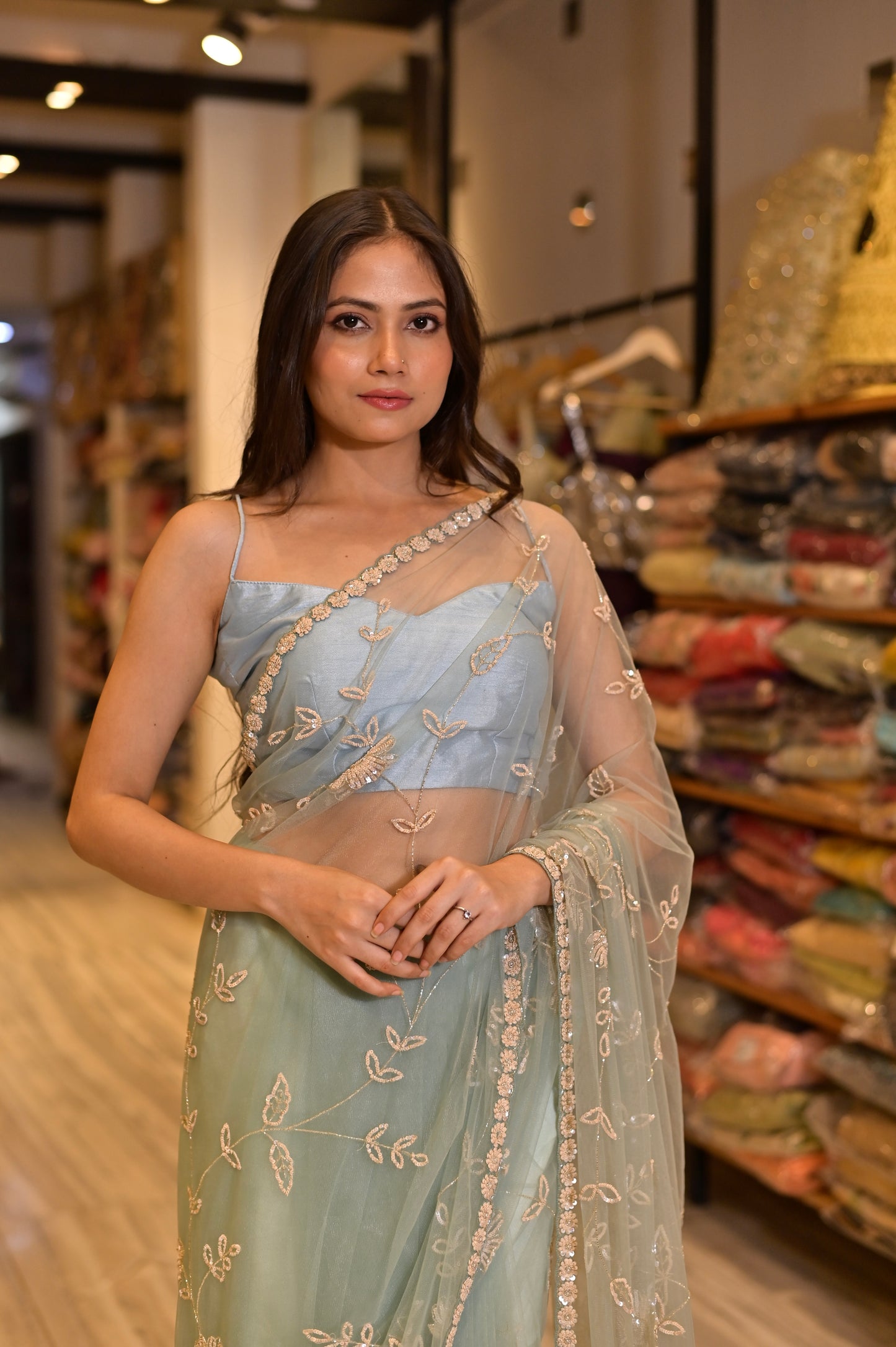 ( DELIVERY IN 25 DAYS ) SEA GREEN COLOUR NET HAND EMBROIDERED SAREE EMBELLISHED WITH SEQUINS & CUTDANA WORK