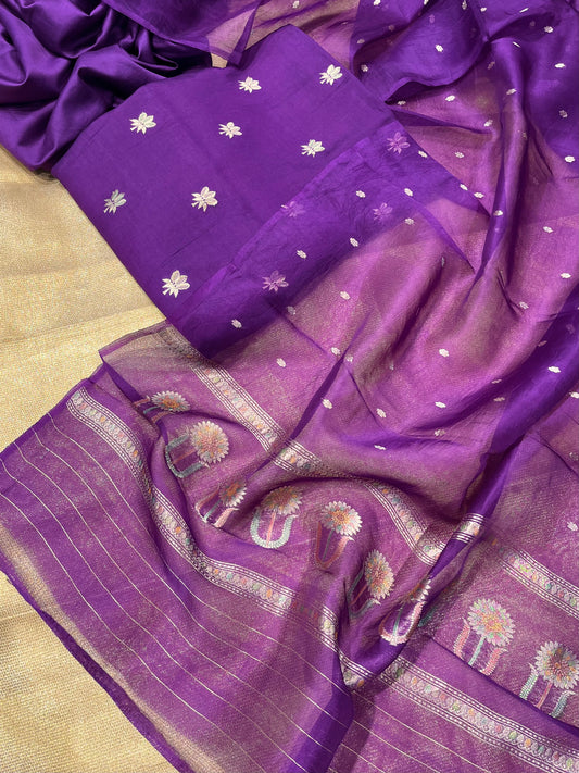 VIOLET PURPLE COLOUR PURE CHANDERI SILK UNSTITCHED SUIT WITH ORGANZA DUPATTA EMBELLISHED WITH ZARI WEAVES