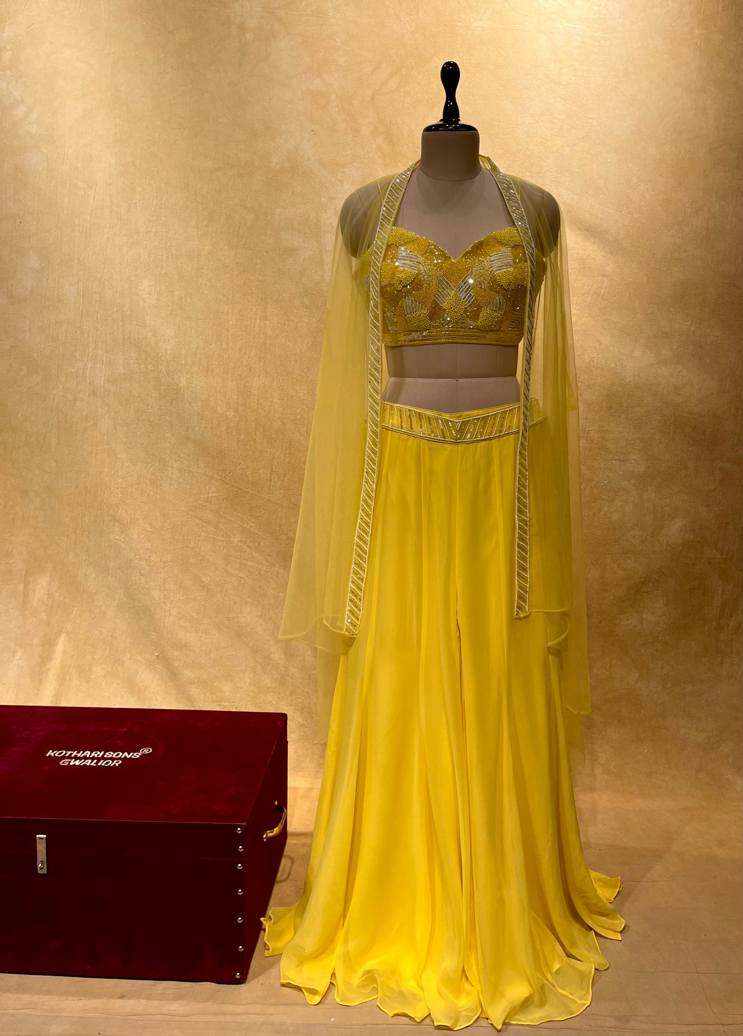 YELLOW COLOR GEORGETTE PALAZZO WITH CROP TOP & SHRUG EMBELLISHED WITH SEQUINS & CUTDANA WORK
