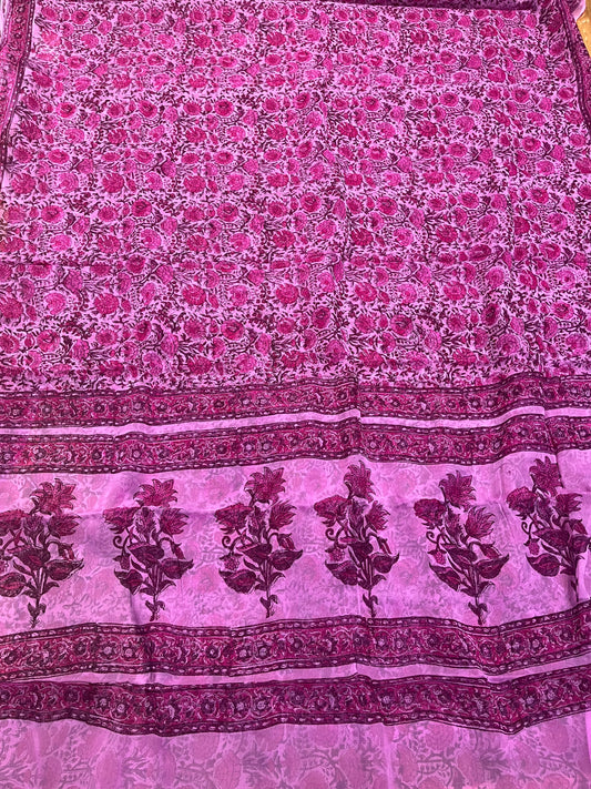 FUCHSIA COLOUR CHIFFON BLOCK FLORAL PRINTED SAREE WITH CHINON BLOUSE