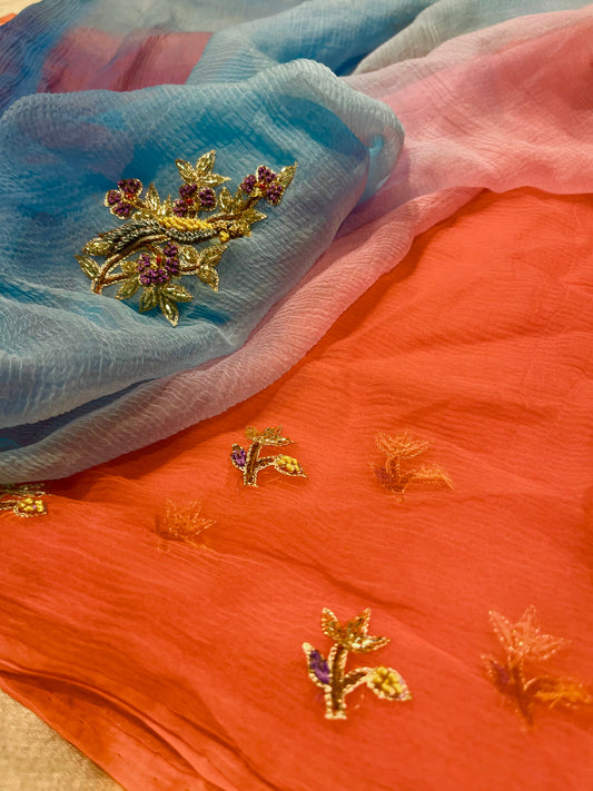 ( DELIVERY IN 15-20 DAYS ) SHADED CHIFFON HAND EMBROIDERED SAREE EMBELLISHED WITH CUTDANA WORK