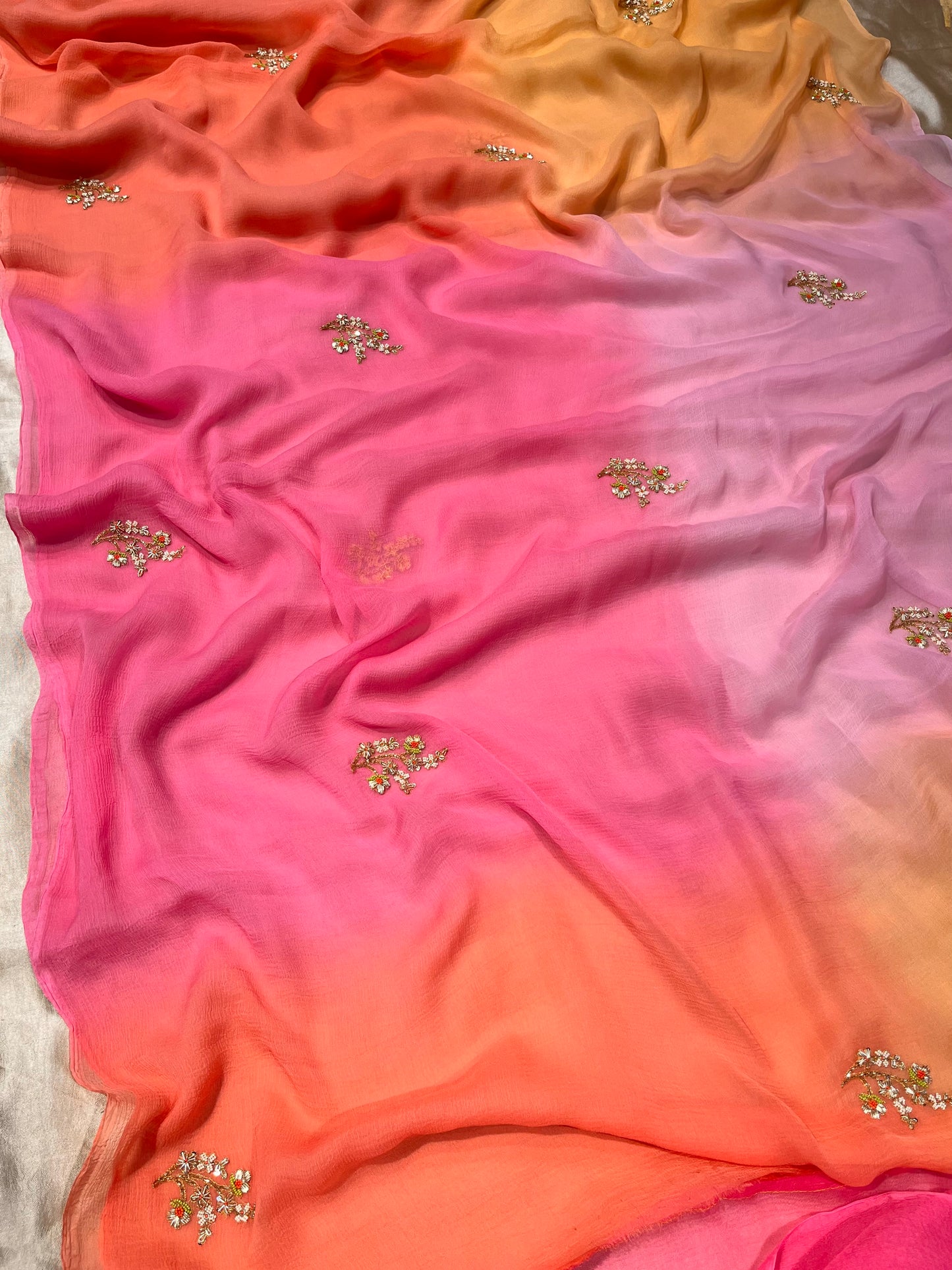SHADED CHIFFON HAND EMBROIDERED SAREE EMBELLISHED WITH ZARDOZI & BEADS WORK