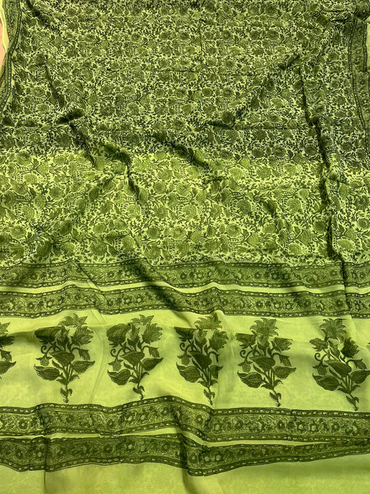 GREEN COLOUR CHIFFON BLOCK FLORAL PRINTED SAREE WITH CHINON BLOUSE