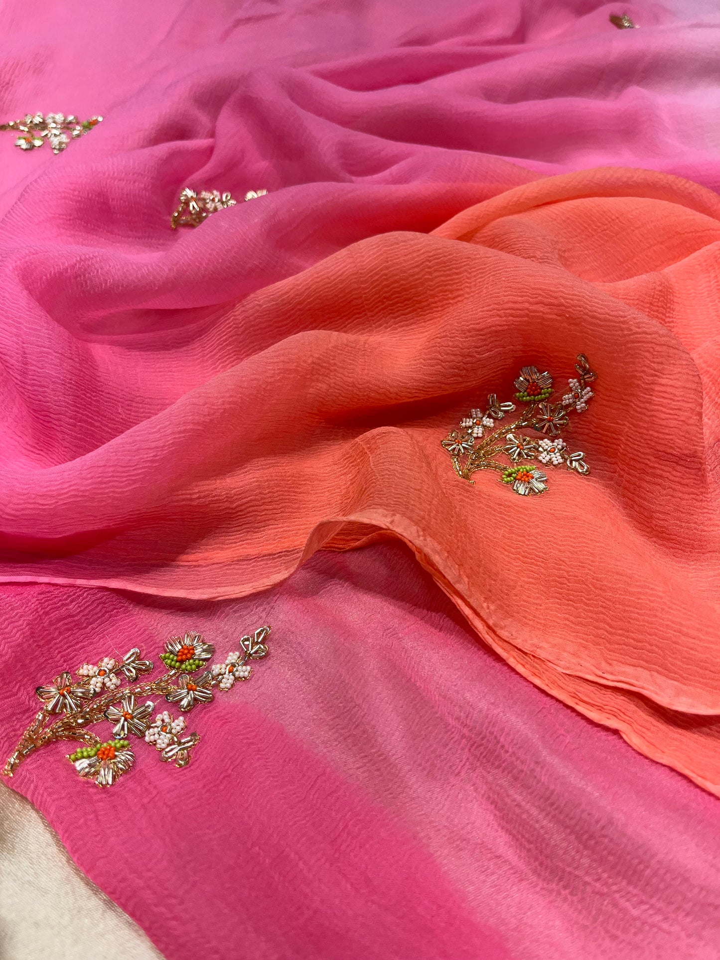 SHADED CHIFFON HAND EMBROIDERED SAREE EMBELLISHED WITH ZARDOZI & BEADS WORK