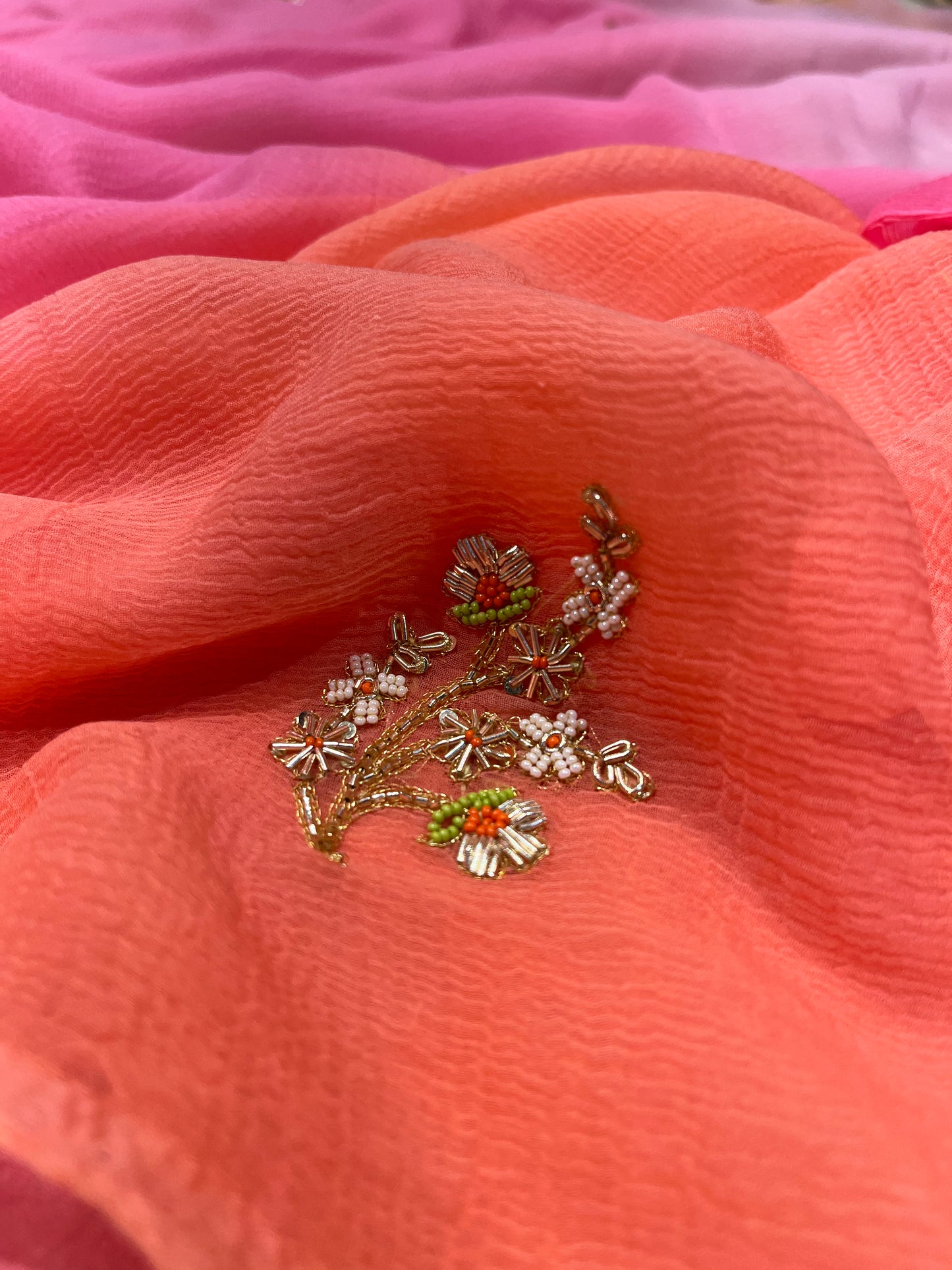 SHADED CHIFFON HAND EMBROIDERED SAREE EMBELLISHED WITH ZARDOZI & BEADS WORK