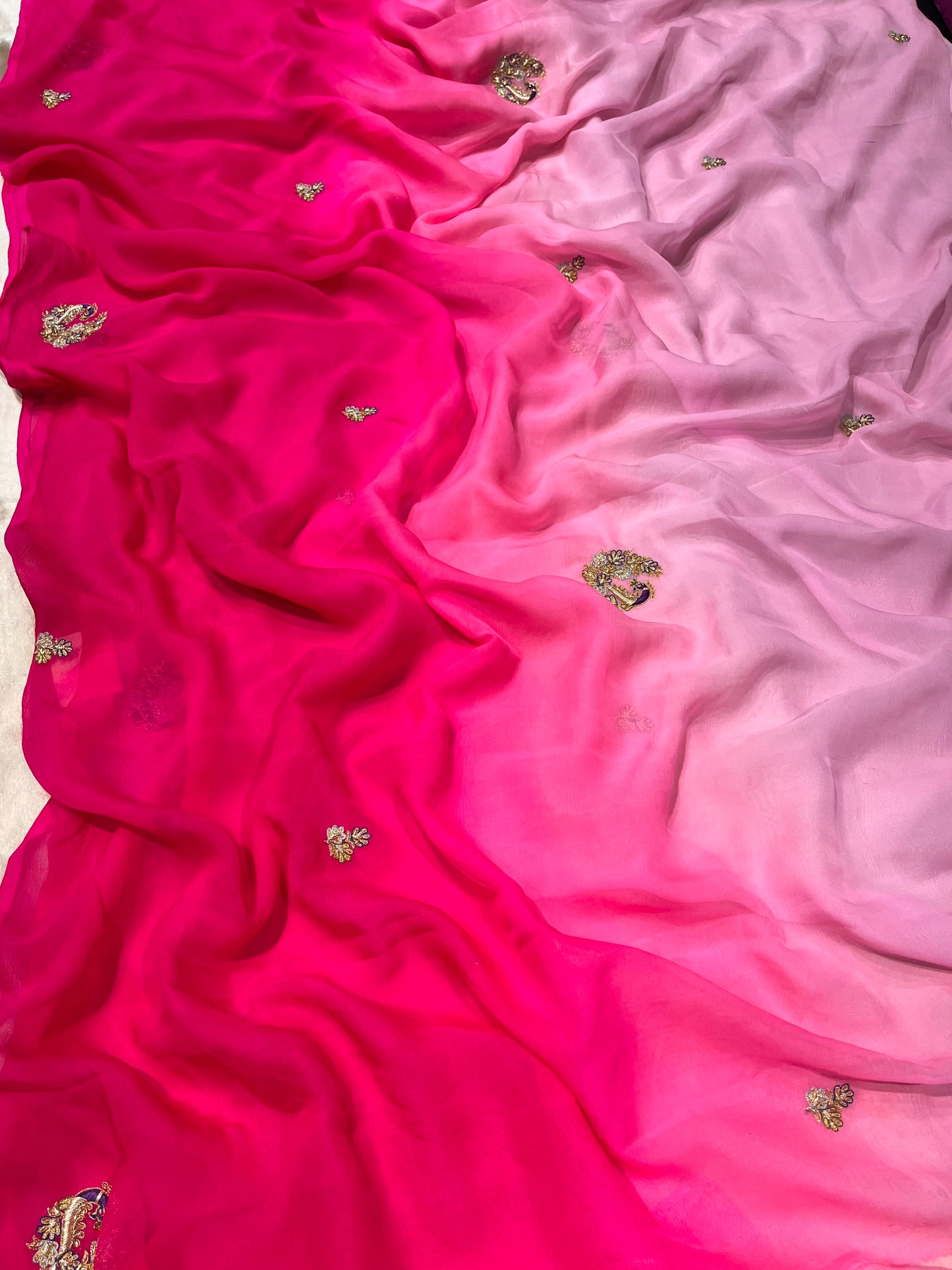 PINK SHADED CHIFFON HAND EMBROIDERED SAREE EMBELLISHED WITH ZARDOZI WORK