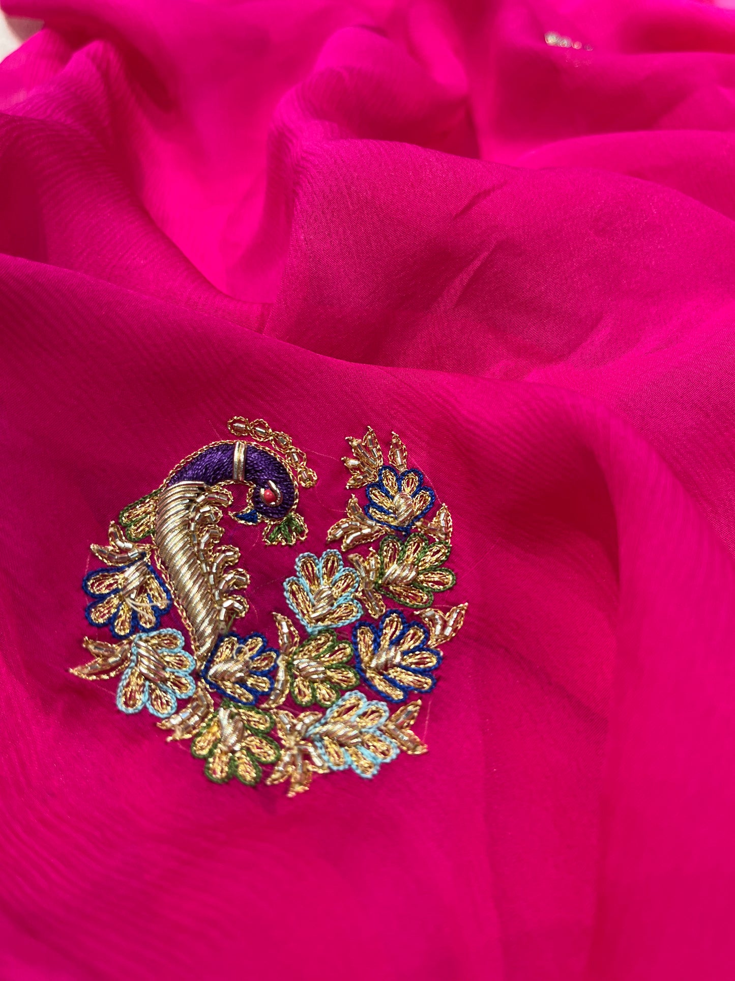 PINK SHADED CHIFFON HAND EMBROIDERED SAREE EMBELLISHED WITH ZARDOZI WORK