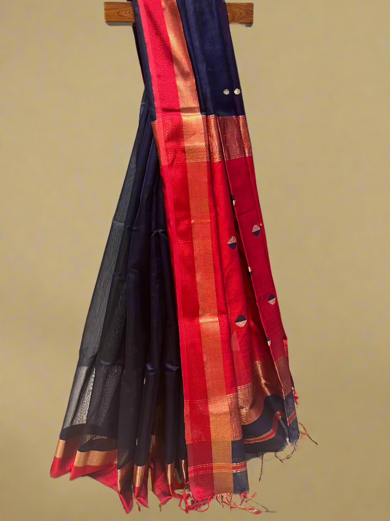 NAVY BLUE MAHESHWARI SAREE WITH CONTRAST RED ZARI BORDER, PALLA & BLOUSE