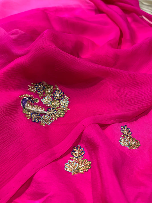 PINK SHADED CHIFFON HAND EMBROIDERED SAREE EMBELLISHED WITH ZARDOZI WORK