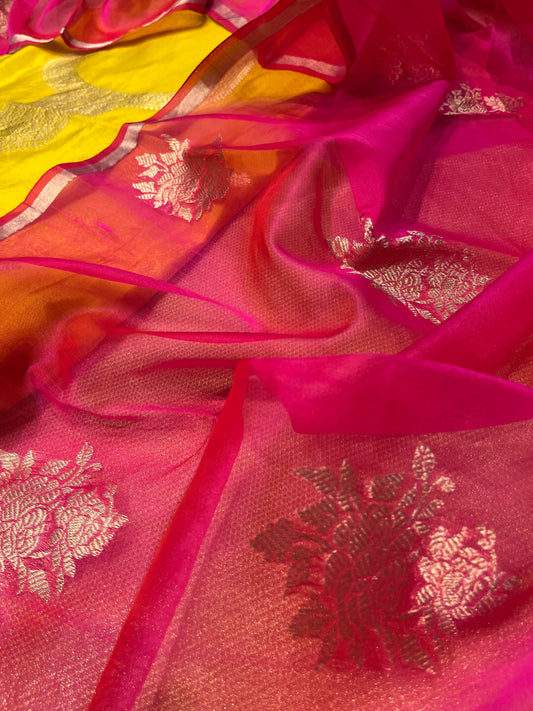 YELLOW COLOUR PURE SILK UNSTITCHED SUIT WITH ORGANZA DUPATTA EMBELLISHED WITH ZARI WEAVES