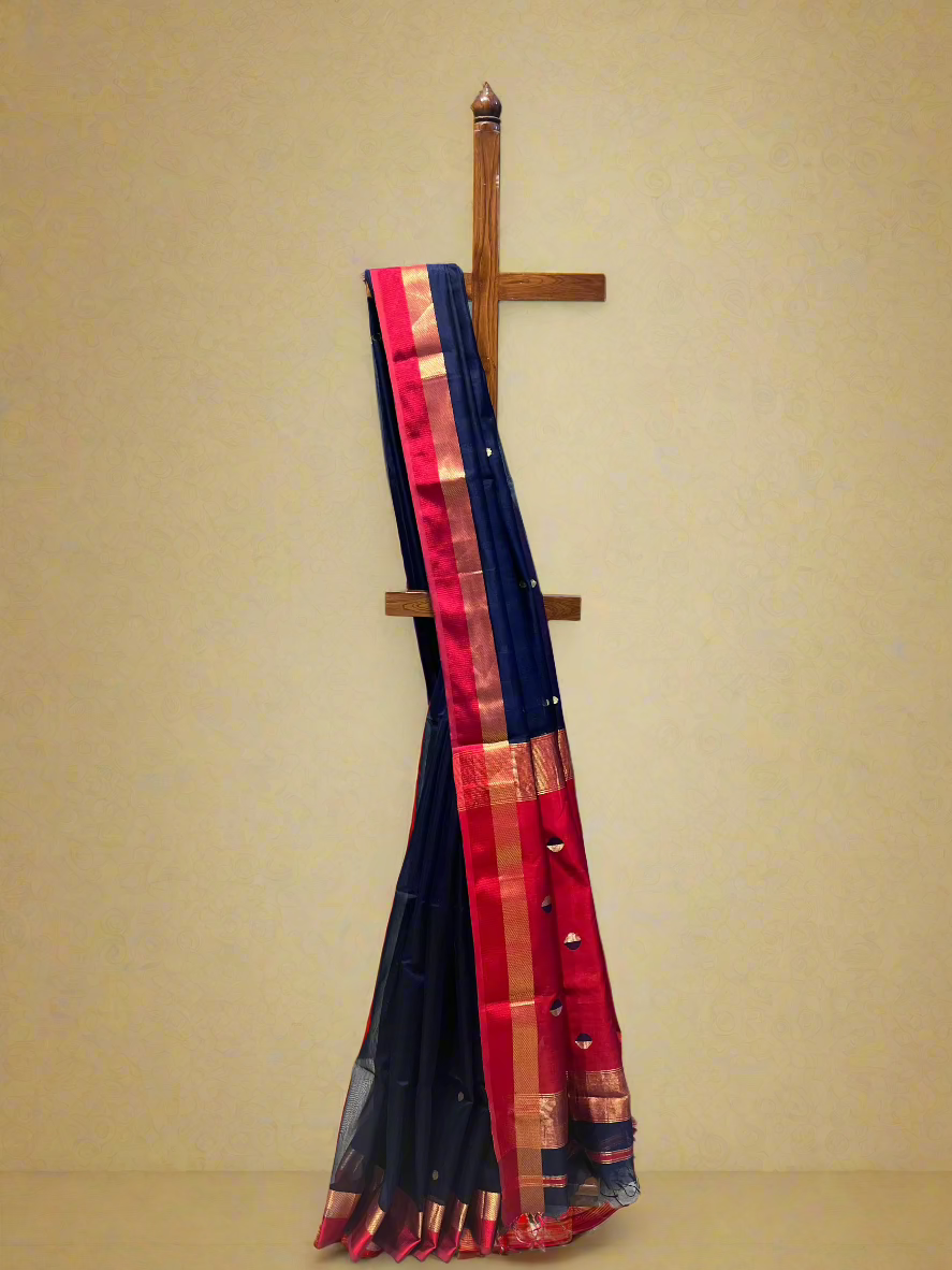 NAVY BLUE MAHESHWARI SAREE WITH CONTRAST RED ZARI BORDER, PALLA & BLOUSE