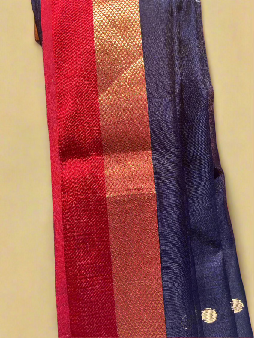 NAVY BLUE MAHESHWARI SAREE WITH CONTRAST RED ZARI BORDER, PALLA & BLOUSE