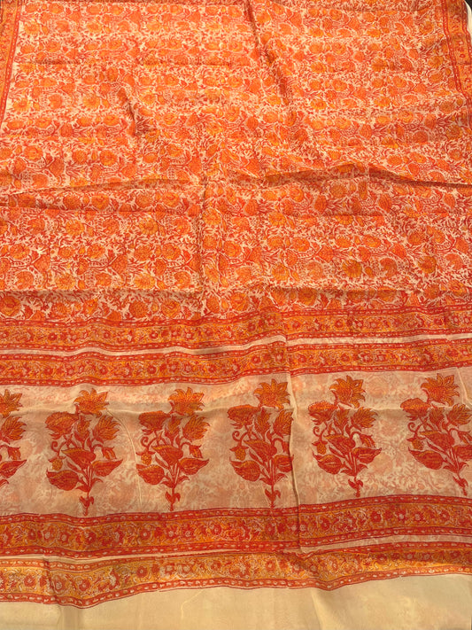 ORANGE COLOUR CHIFFON BLOCK FLORAL PRINTED SAREE WITH CHINON BLOUSE