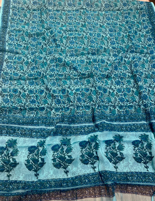 SKY BLUE CHIFFON BLOCK FLORAL PRINTED SAREE WITH CHINON BLOUSE