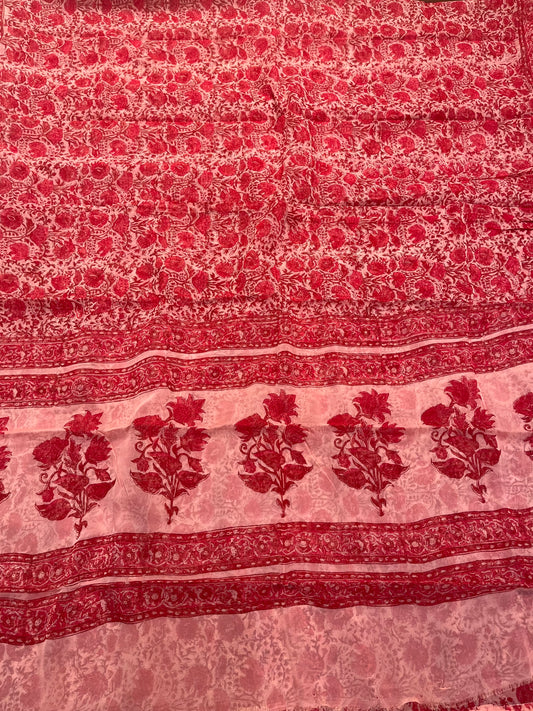 PEACH COLOUR CHIFFON BLOCK FLORAL PRINTED SAREE WITH CHINON BLOUSE