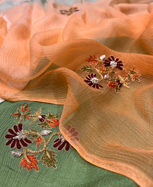 SHADED CHIFFON HAND EMBROIDERED SAREE EMBELLISHED WITH RESHAM & ZARDOZI WORK