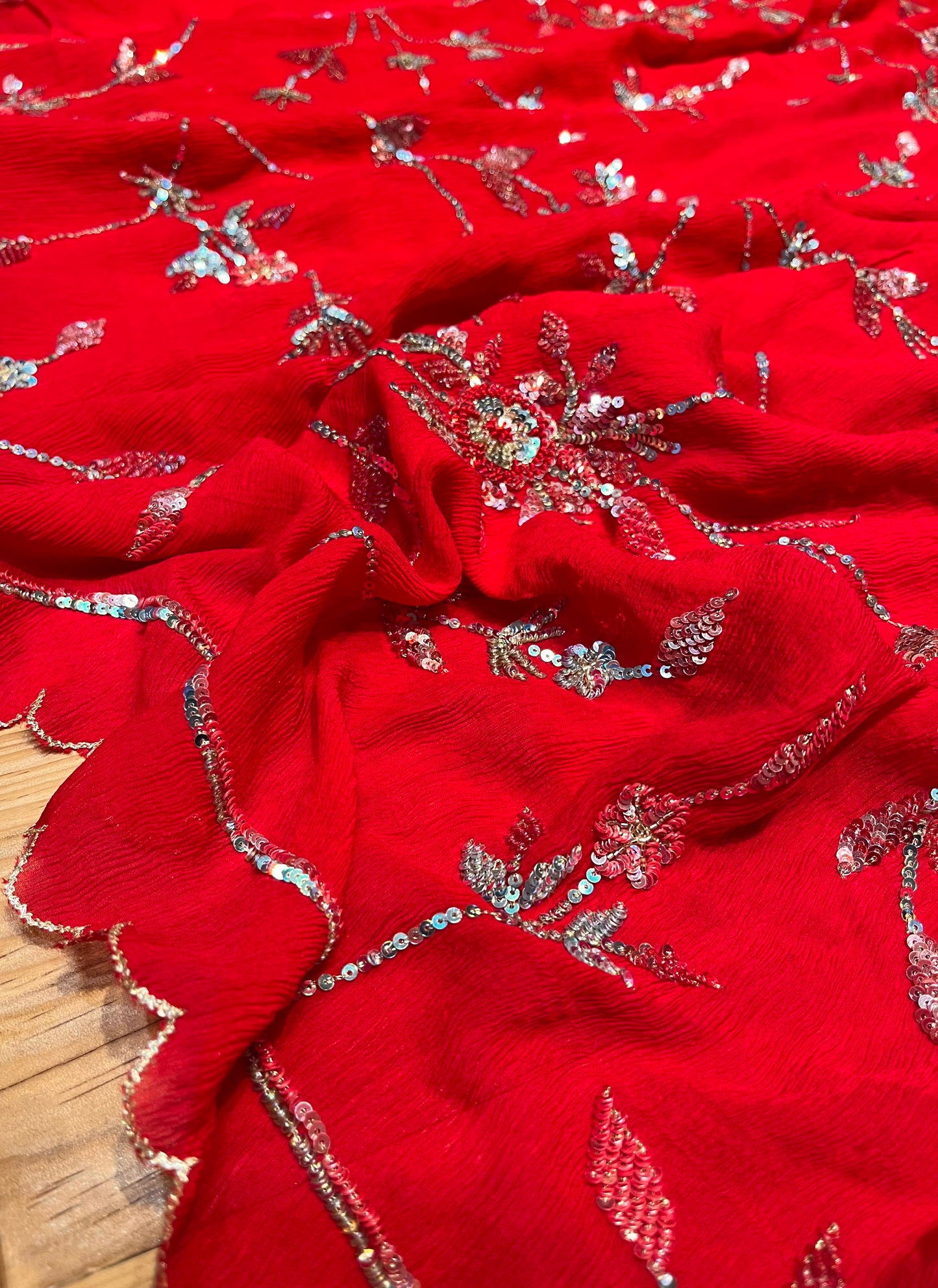 ( DELIVERY IN 30 DAYS ) RED COLOUR PURE CHIFFON HAND EMBROIDERED SAREE EMBELLISHED WITH SEQUINS WORK