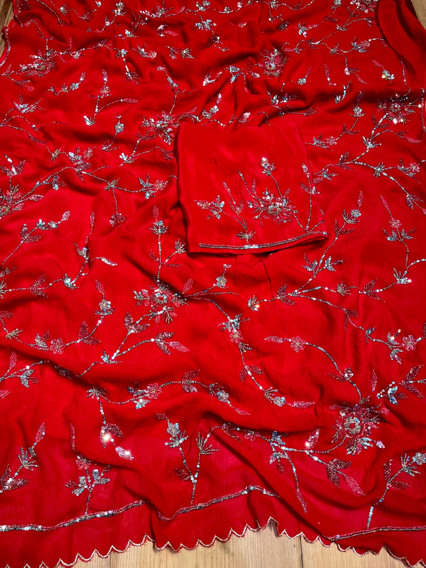 ( DELIVERY IN 30 DAYS ) RED COLOUR PURE CHIFFON HAND EMBROIDERED SAREE EMBELLISHED WITH SEQUINS WORK