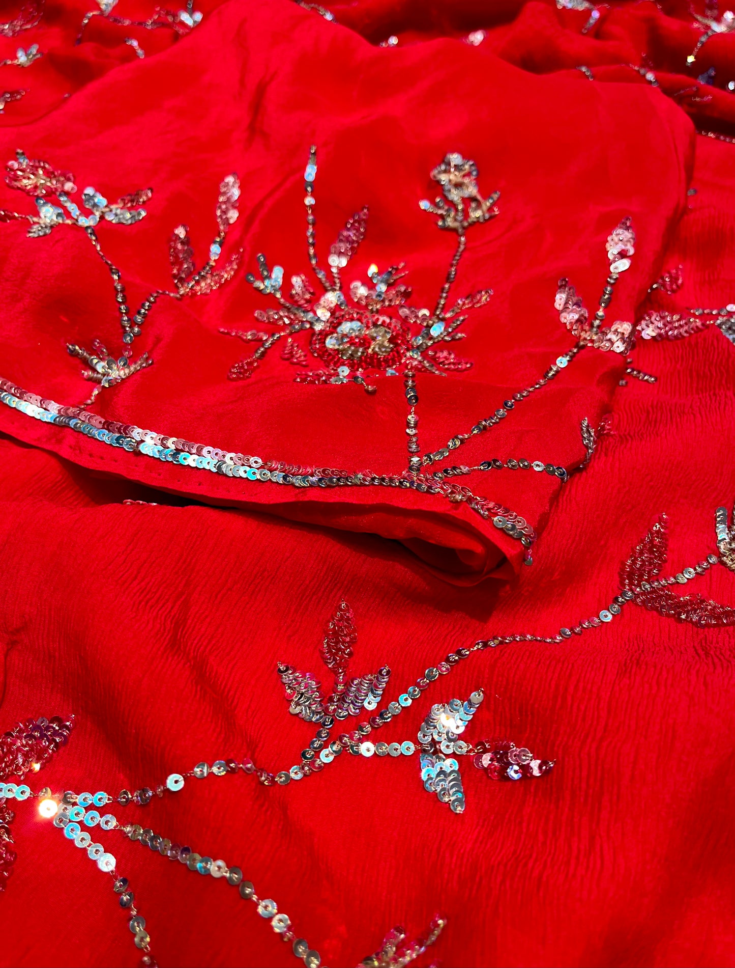( DELIVERY IN 30 DAYS ) RED COLOUR PURE CHIFFON HAND EMBROIDERED SAREE EMBELLISHED WITH SEQUINS WORK