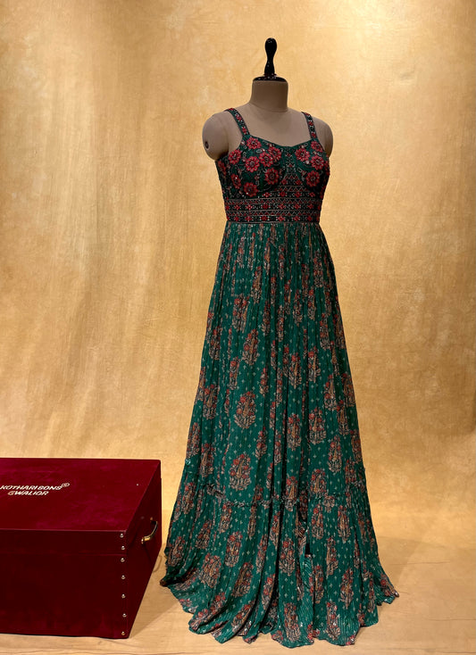 GREEN COLOR CHINON FLORAL PRINTED LONG GOWN EMBELLISHED WITH MIRROR  & RESHAM WORK