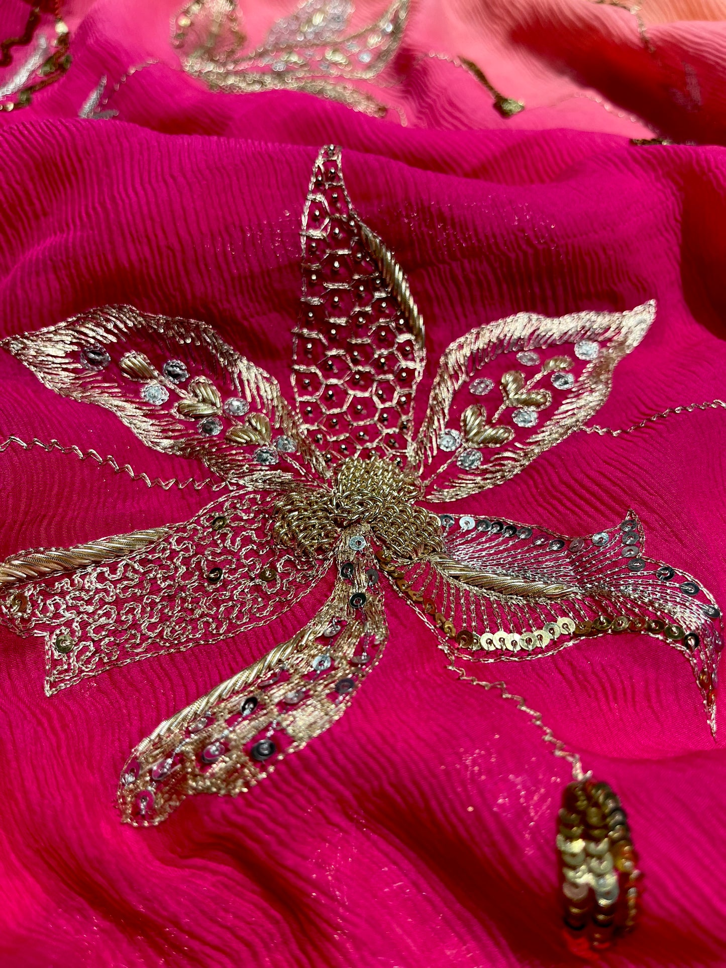 ( DELIVERY IN 30 DAYS ) SHADED PURE CHIFFON HAND EMBROIDERED SAREE EMBELLISHED WITH SEQUINS, AARI & ZARDOZI WORK