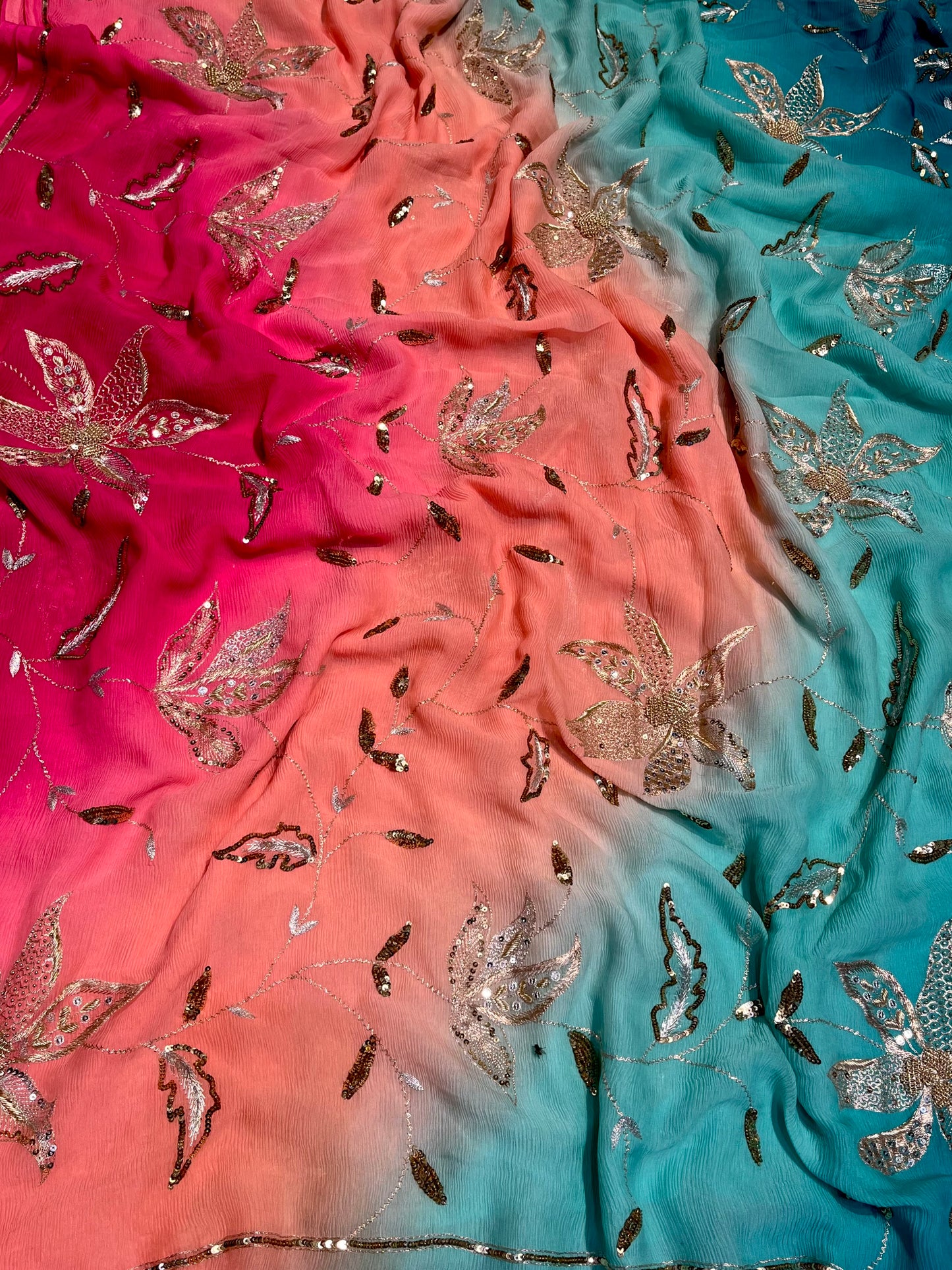 ( DELIVERY IN 30 DAYS ) SHADED PURE CHIFFON HAND EMBROIDERED SAREE EMBELLISHED WITH SEQUINS, AARI & ZARDOZI WORK