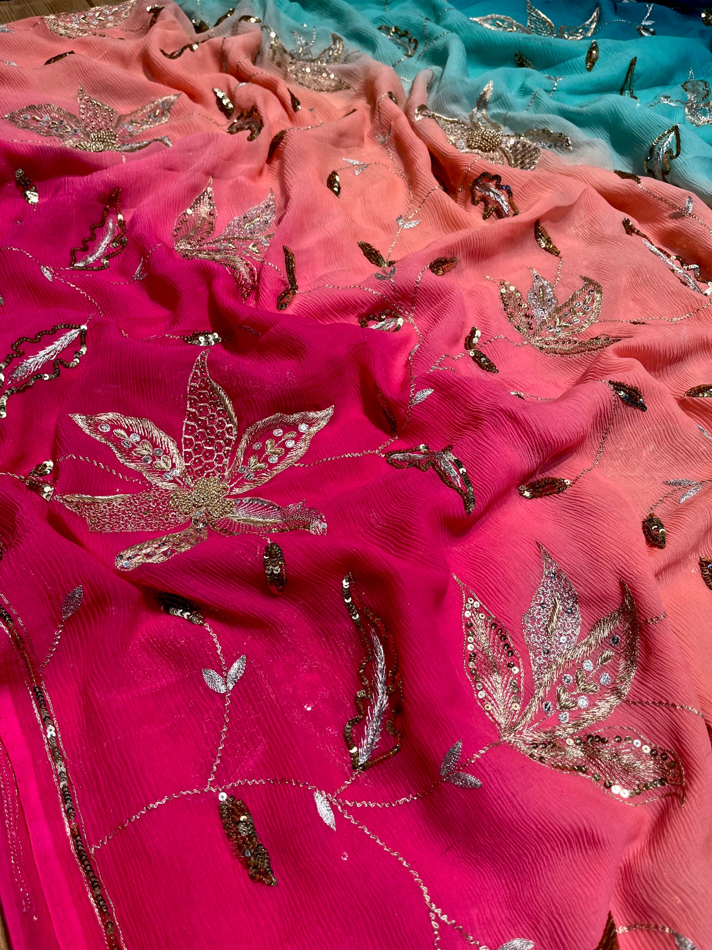 ( DELIVERY IN 30 DAYS ) SHADED PURE CHIFFON HAND EMBROIDERED SAREE EMBELLISHED WITH SEQUINS, AARI & ZARDOZI WORK