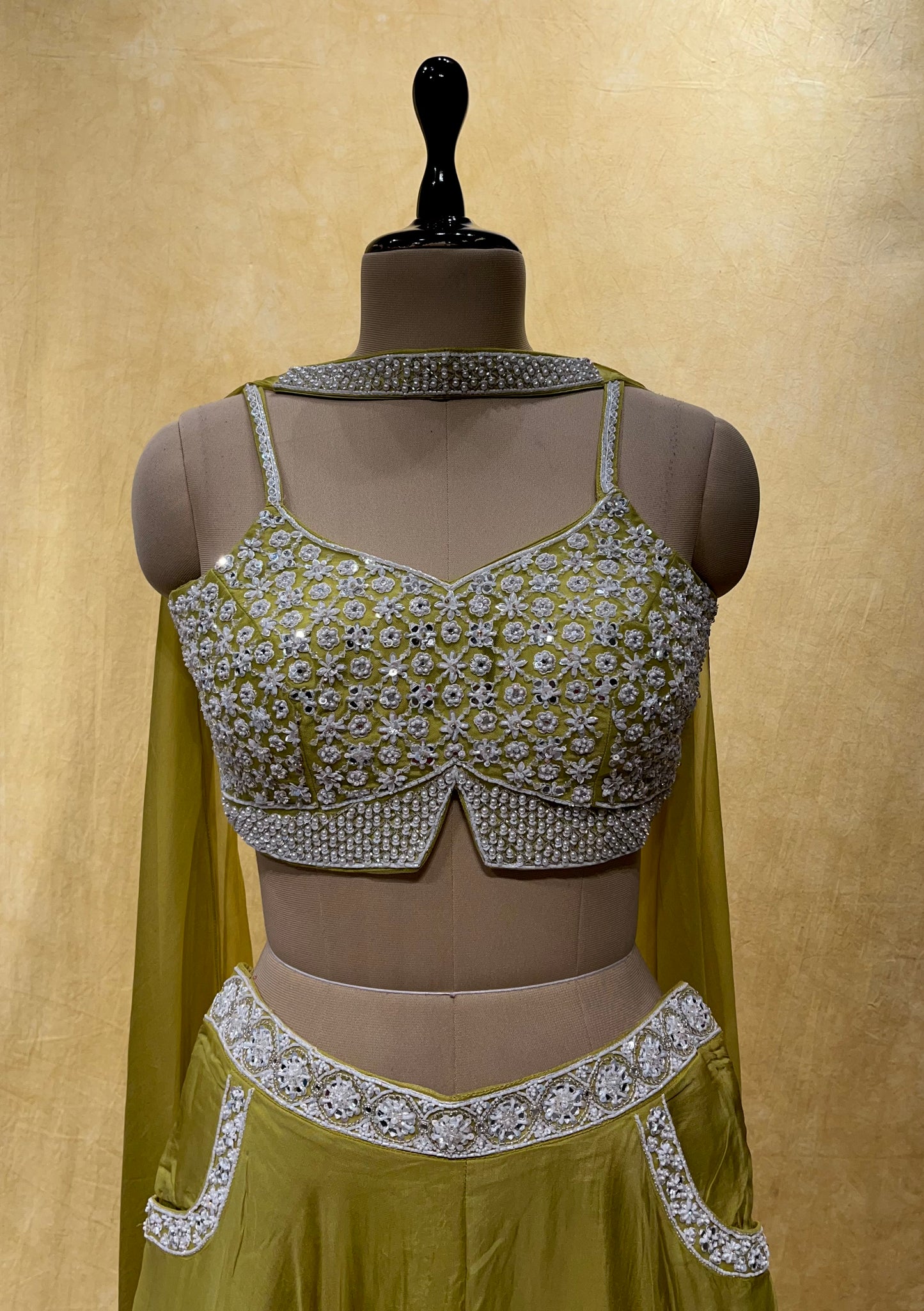GREEN COLOR ORGANZA PALAZO SET WITH CROP TOP BLOUSE & DUPATTA EMBELLISHED WITH SEQUINS, PEARL & CUTDANA WORK
