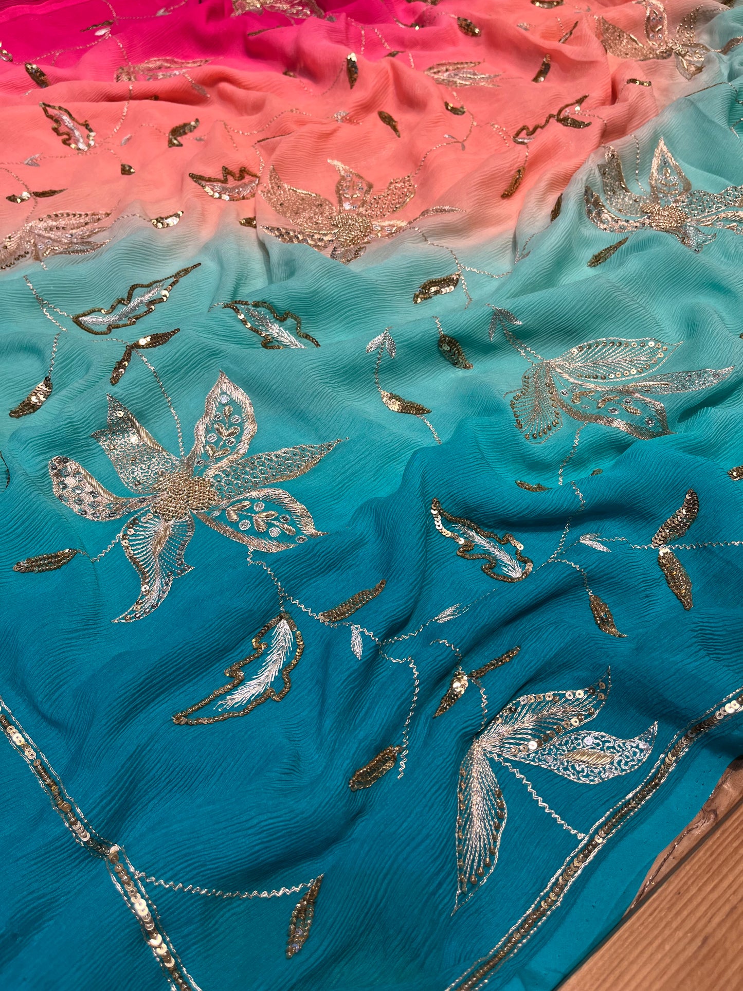 ( DELIVERY IN 30 DAYS ) SHADED PURE CHIFFON HAND EMBROIDERED SAREE EMBELLISHED WITH SEQUINS, AARI & ZARDOZI WORK