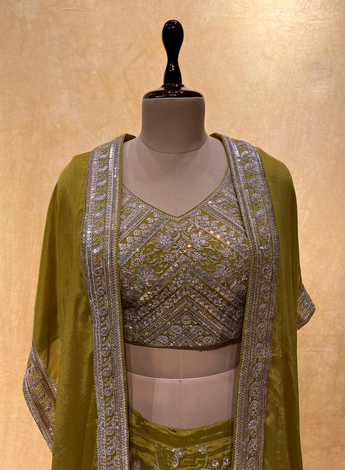 ( DELIVERY IN 25 DAYS ) MEHANDI GREEN COLOUR CHINON PALAZZO PANTS WITH CROP TOP EMBELLISHED WITH ZARI & SEQUINS WORK