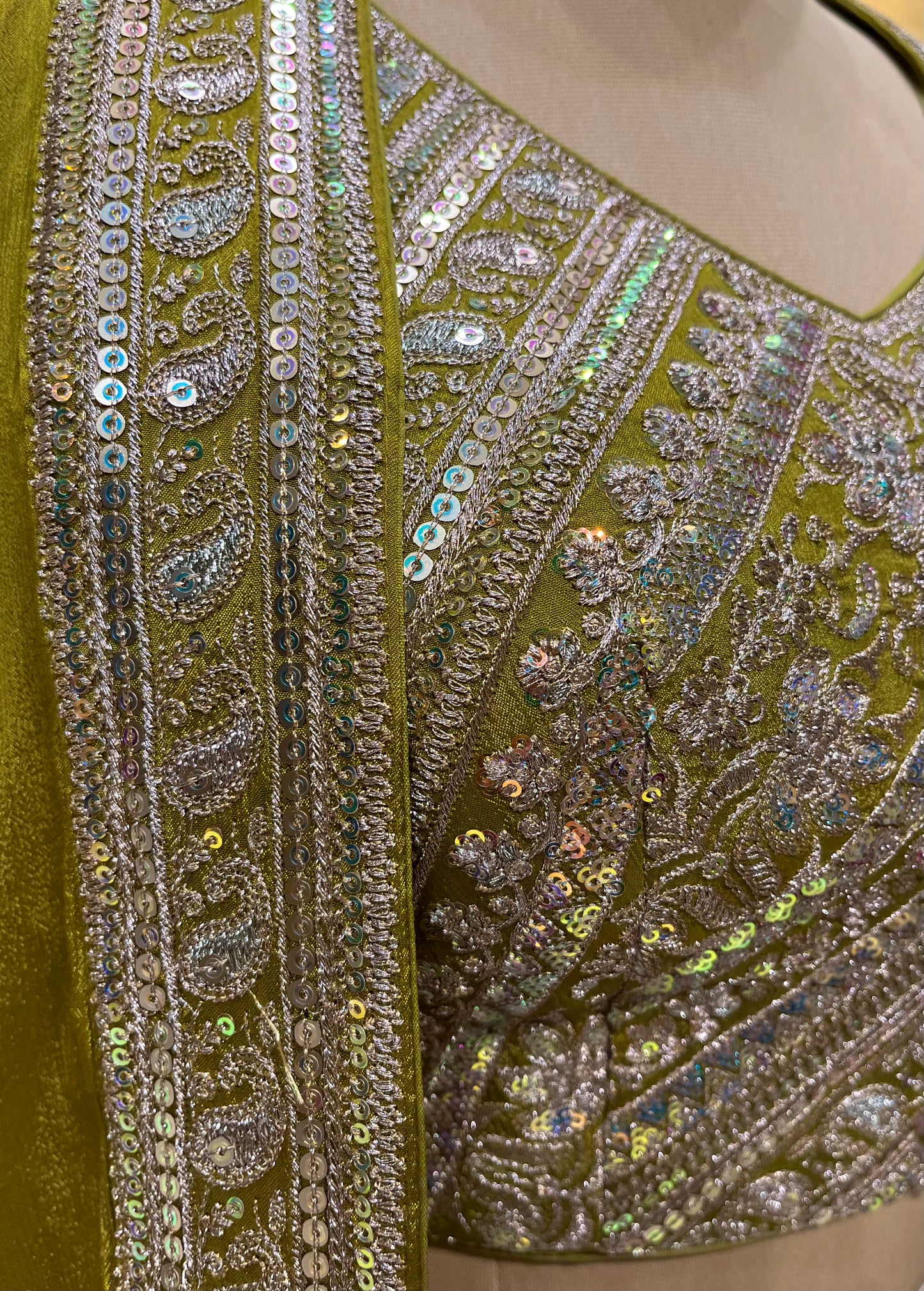 ( DELIVERY IN 25 DAYS ) MEHANDI GREEN COLOUR CHINON PALAZZO PANTS WITH CROP TOP EMBELLISHED WITH ZARI & SEQUINS WORK