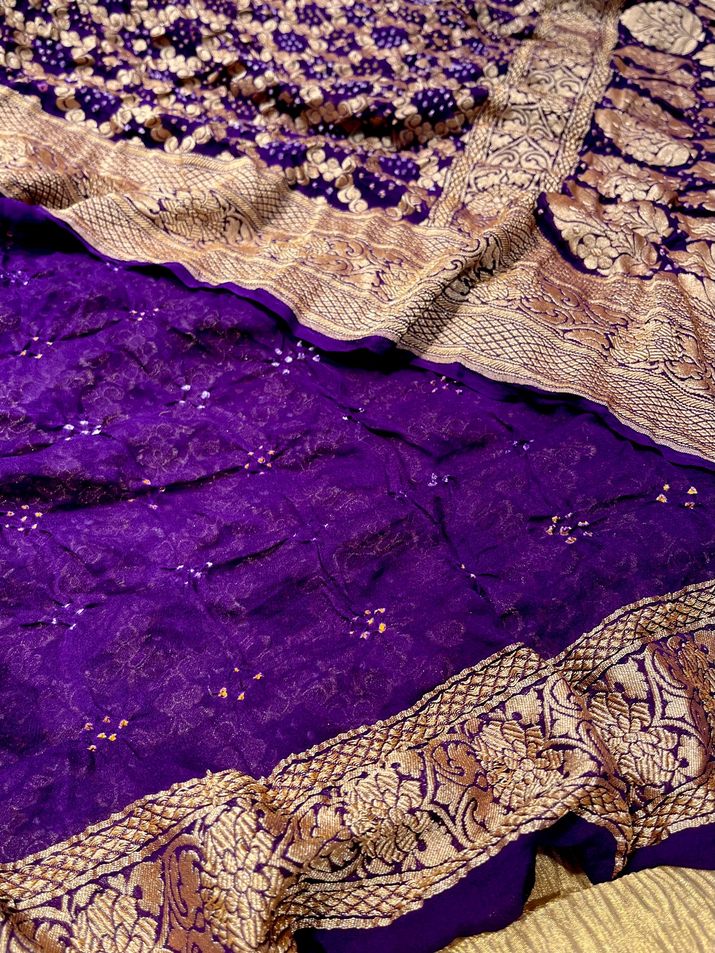 PURPLE COLOUR PURE GEORGETTE KHADDI SAREE WITH BANDHANI PRINT EMBELLISHED WITH ANTIQUE ZARI WEAVES