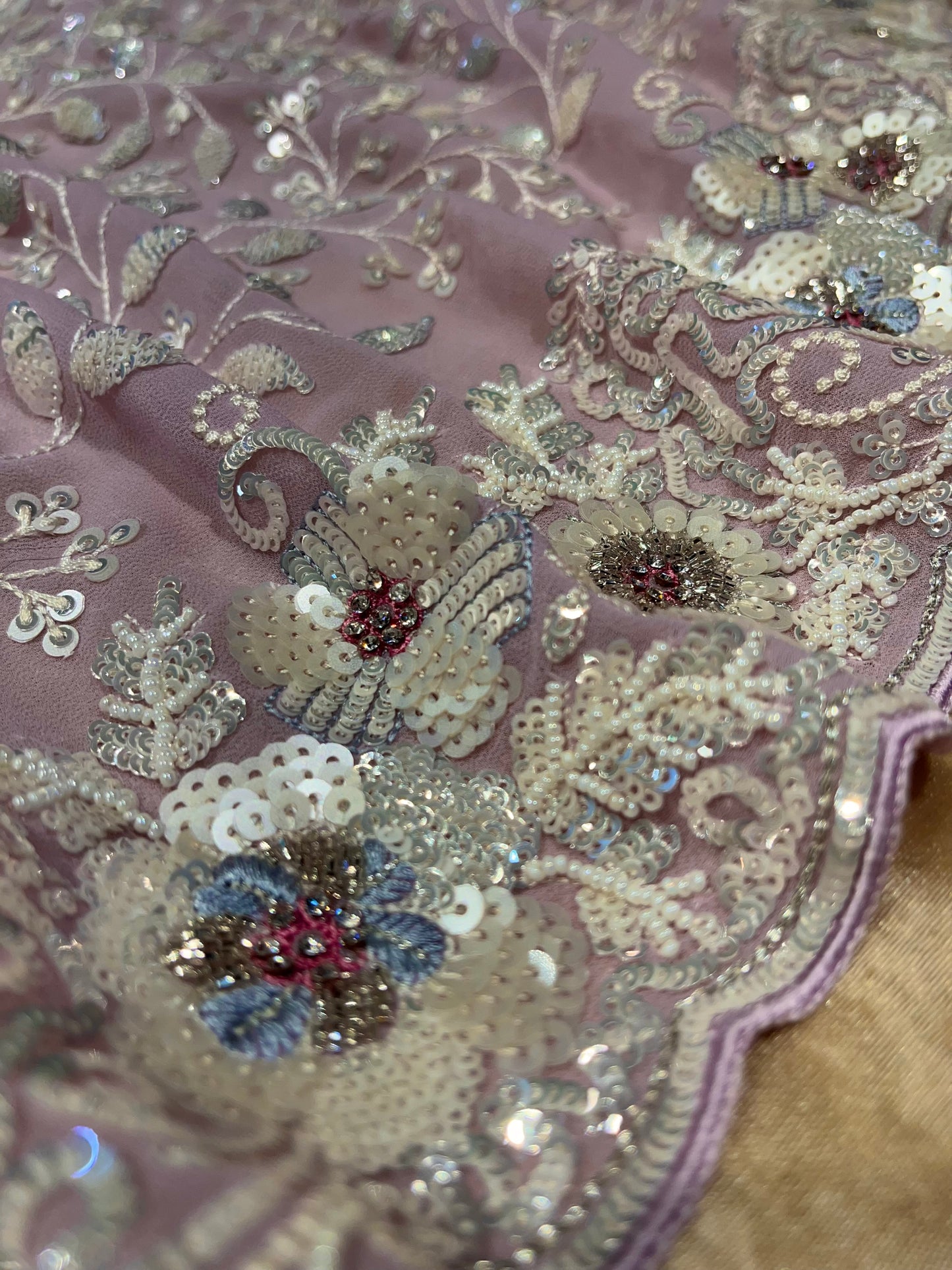 LAVENDER COLOUR GEORGETTE SAREE EMBELLISHED WITH SEQUINS & BEADS WORK