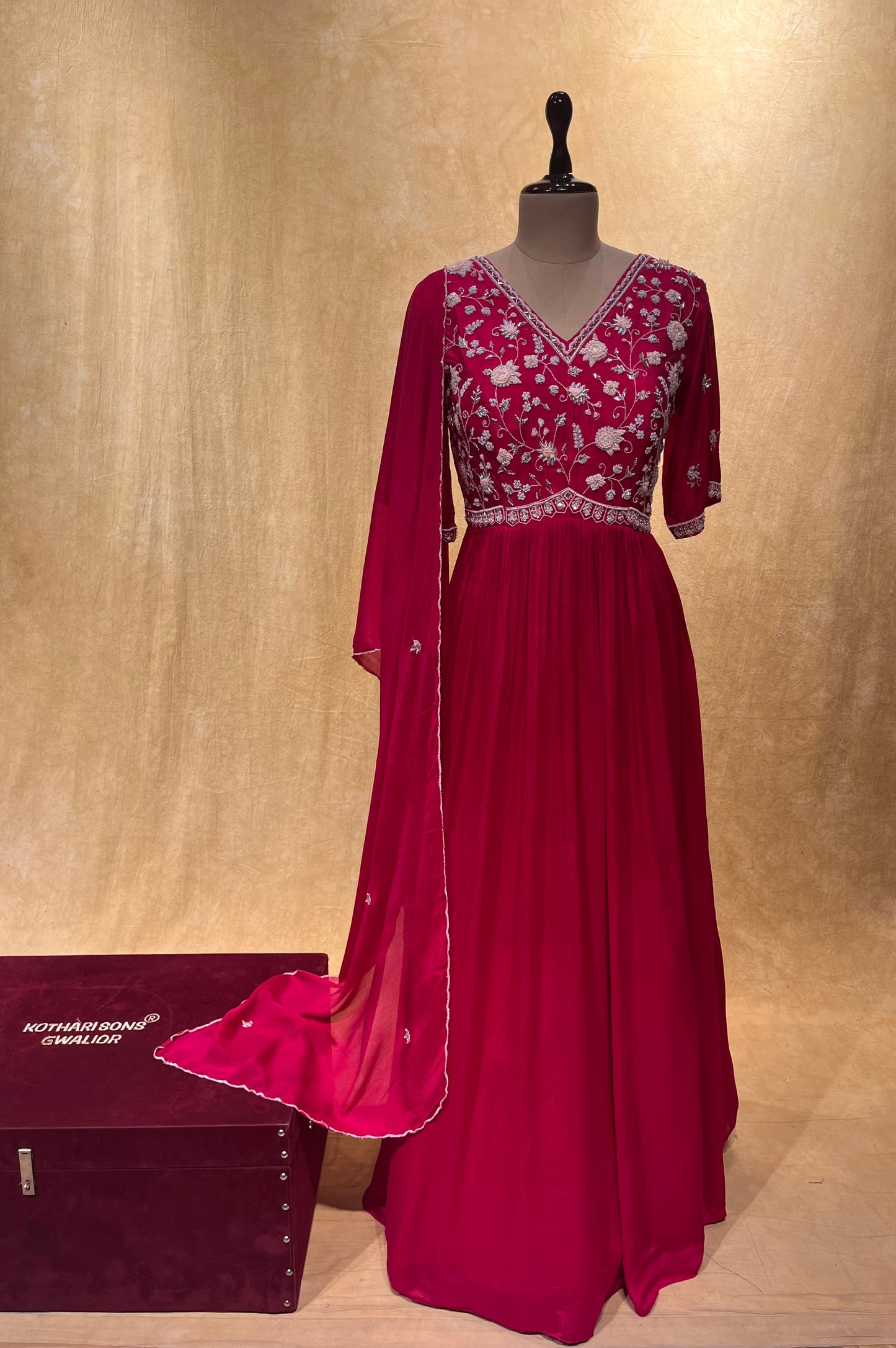 RANI COLOR CREPE SILK ANARKALI EMBROIDERED SUIT EMBELLISHED WITH CUTDANA & BEADS WORK