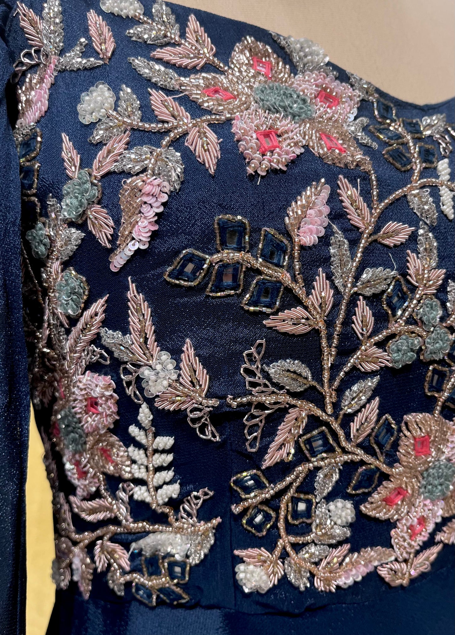 TEAL BLUE COLOR CREPE SILK EMBROIDERED LONG GOWN EMBELLISHED WITH MIRROR WORK