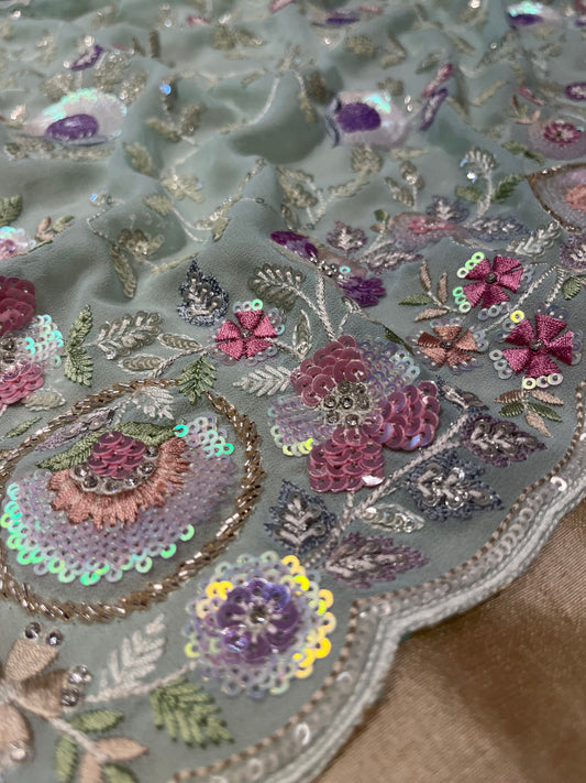 AQUA COLOUR GEORGETTE EMBROIDERED SAREE EMBELLISHED WITH SEQUINS & RESHAM EMBROIDERY