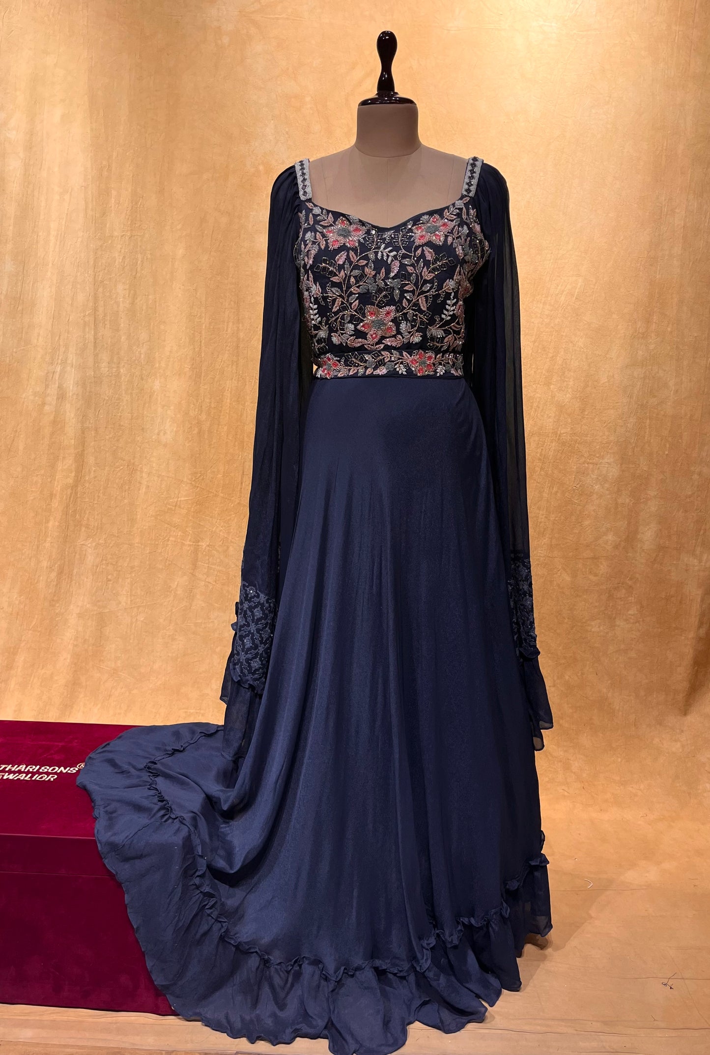 TEAL BLUE COLOR CREPE SILK EMBROIDERED LONG GOWN EMBELLISHED WITH MIRROR WORK