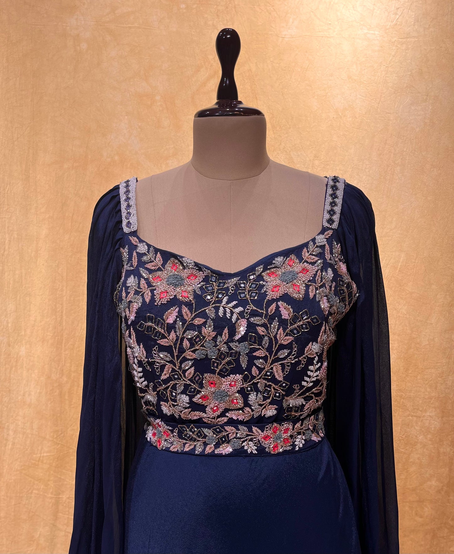 TEAL BLUE COLOR CREPE SILK EMBROIDERED LONG GOWN EMBELLISHED WITH MIRROR WORK