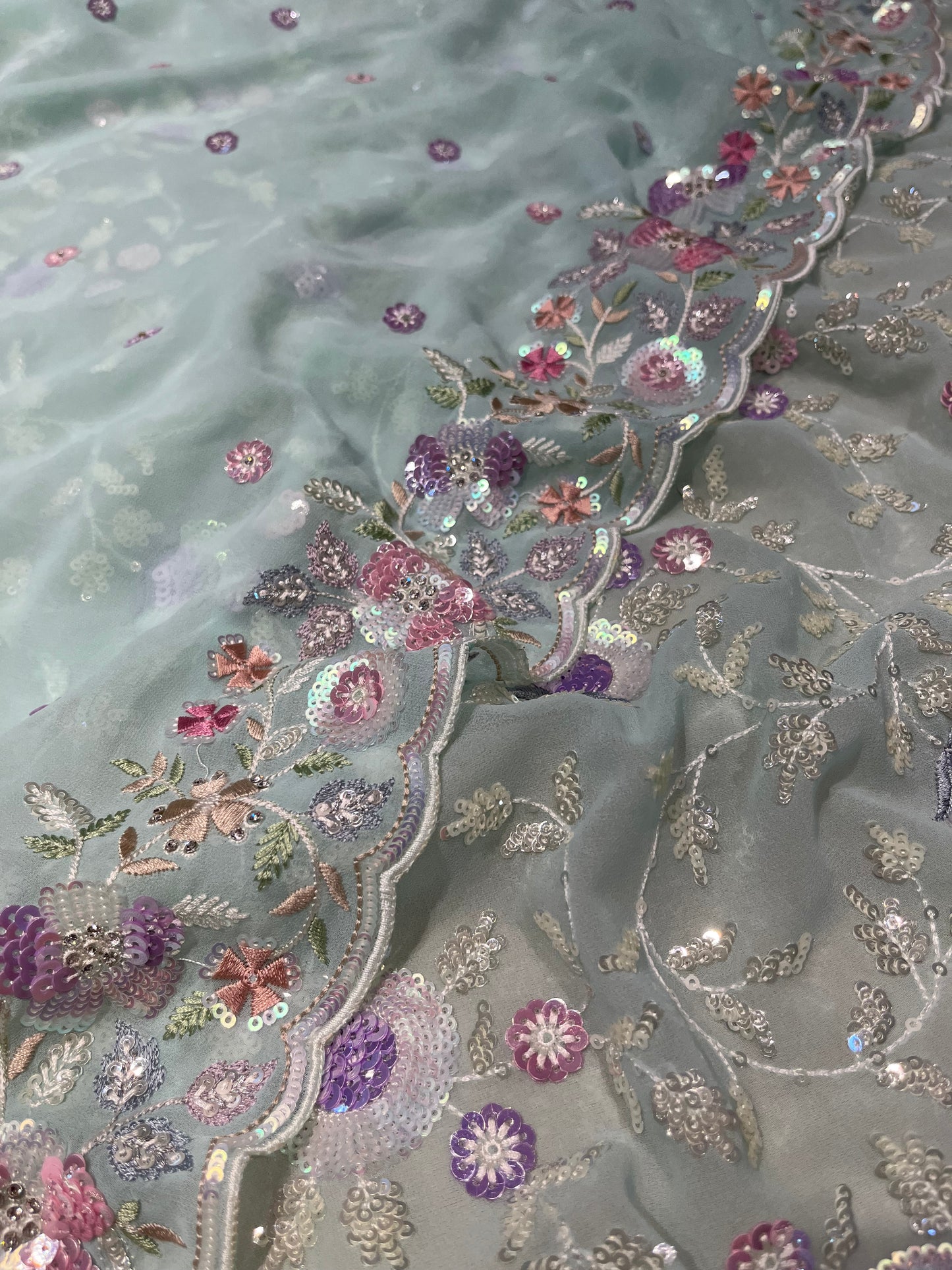 AQUA COLOUR GEORGETTE EMBROIDERED SAREE EMBELLISHED WITH SEQUINS & RESHAM EMBROIDERY