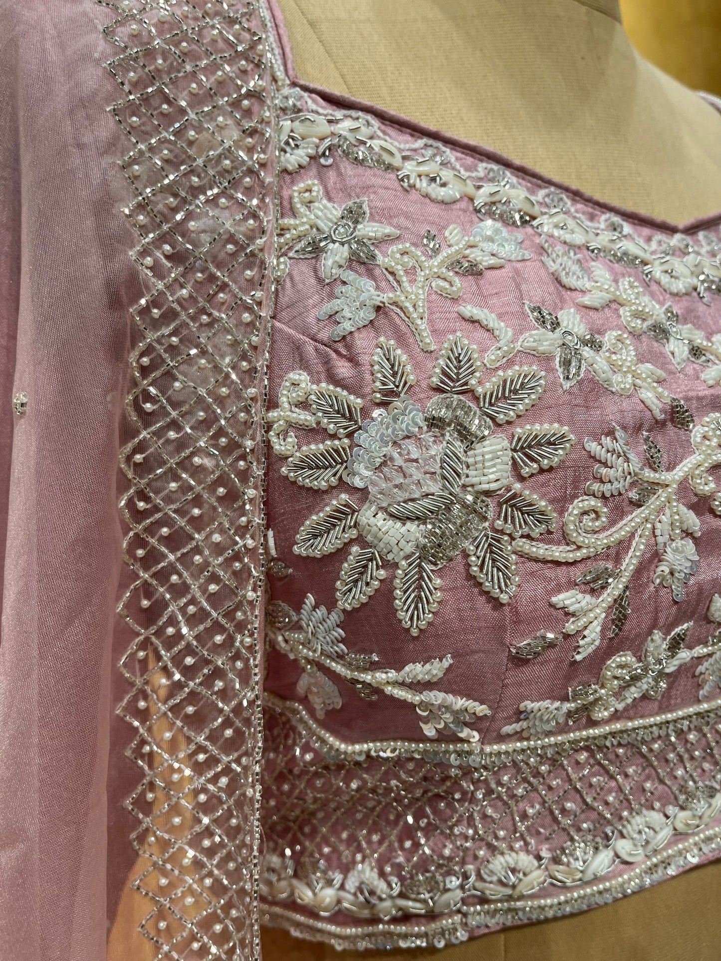 ( DELIVERY IN 25 DAYS ) ONION PINK COLOR SILK LEHENGA WITH EMBROIDERED BLOUSE & ORGANZA DUPATTA EMBELLISHED WITH CUTDANA, PEARL & ZARDOZI WORK