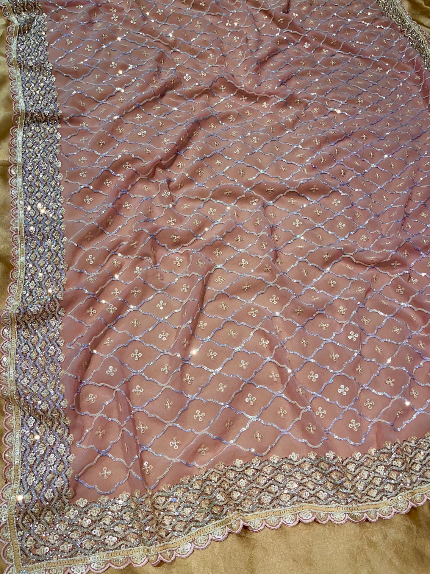 POWDER PINK COLOUR GEORGETTE EMBROIDERED SAREE EMBELLISHED WITH SEQUINS, BEADS & CUTDANA WORK