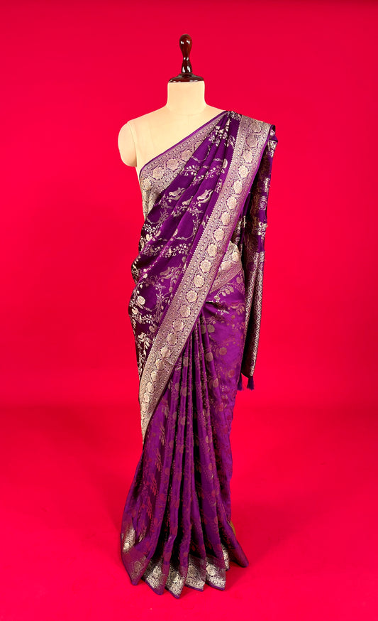 VIOLET PURPLE COLOUR SATIN SILK BANARASI SAREE EMBELLISHED WITH ZARI WEAVES