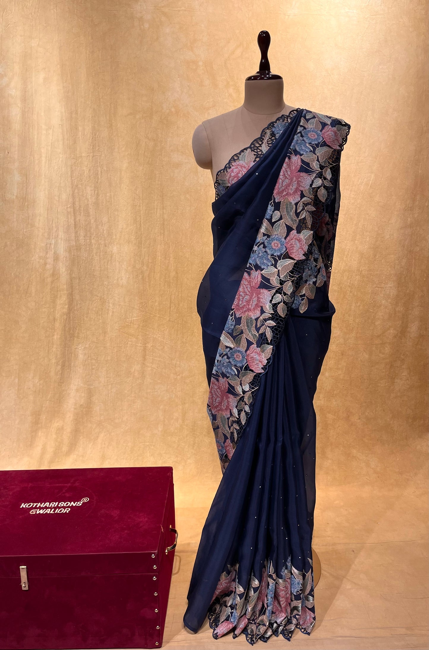 ( DELIVERY IN 25 DAYS ) BLUE COLOR ORGANZA SILK EMBROIDERED SAREE EMBELLISHED WITH CROSS STITCH EMBROIDERY & MIRROR WORK