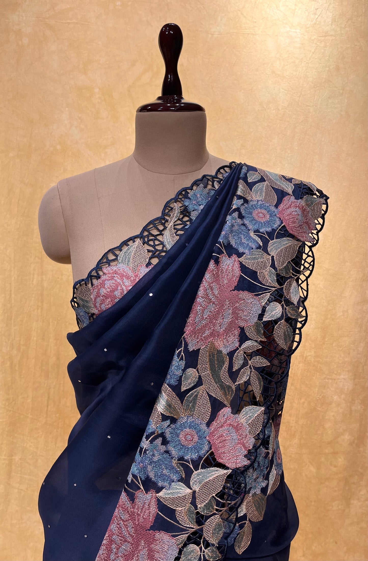 ( DELIVERY IN 25 DAYS ) BLUE COLOR ORGANZA SILK EMBROIDERED SAREE EMBELLISHED WITH CROSS STITCH EMBROIDERY & MIRROR WORK