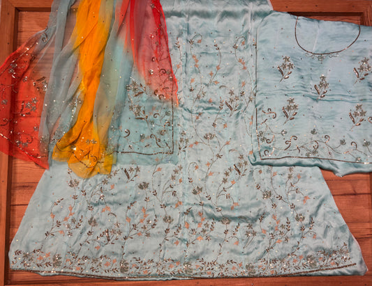 POWDER BLUE PURE SATIN SILK HAND EMBROIDERED POSHAK