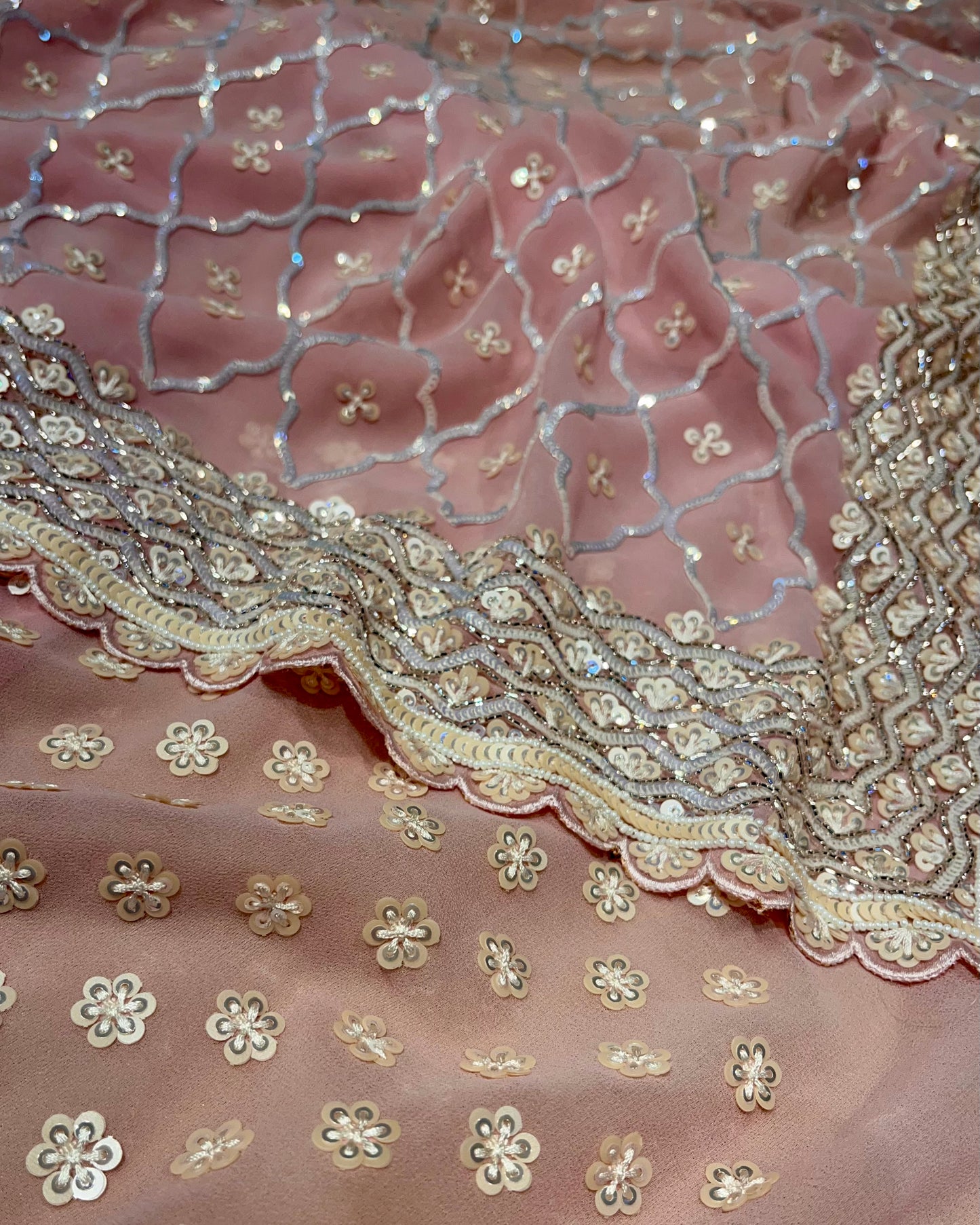 POWDER PINK COLOUR GEORGETTE EMBROIDERED SAREE EMBELLISHED WITH SEQUINS, BEADS & CUTDANA WORK