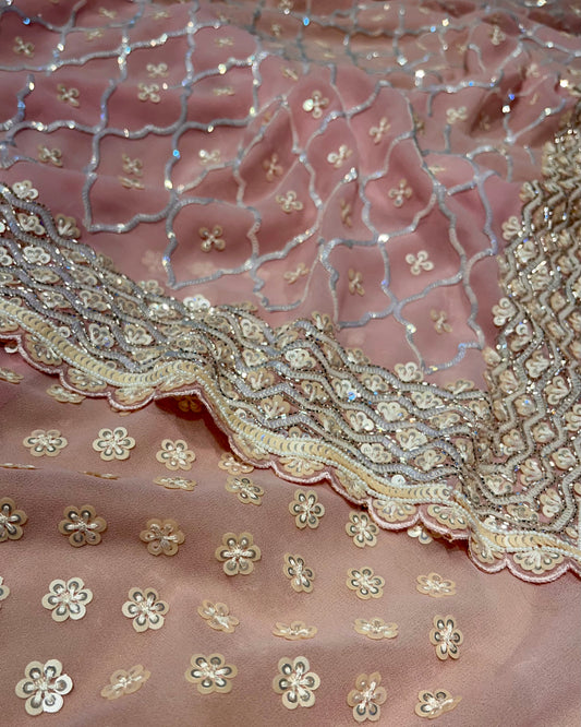 POWDER PINK COLOUR GEORGETTE EMBROIDERED SAREE EMBELLISHED WITH SEQUINS, BEADS & CUTDANA WORK