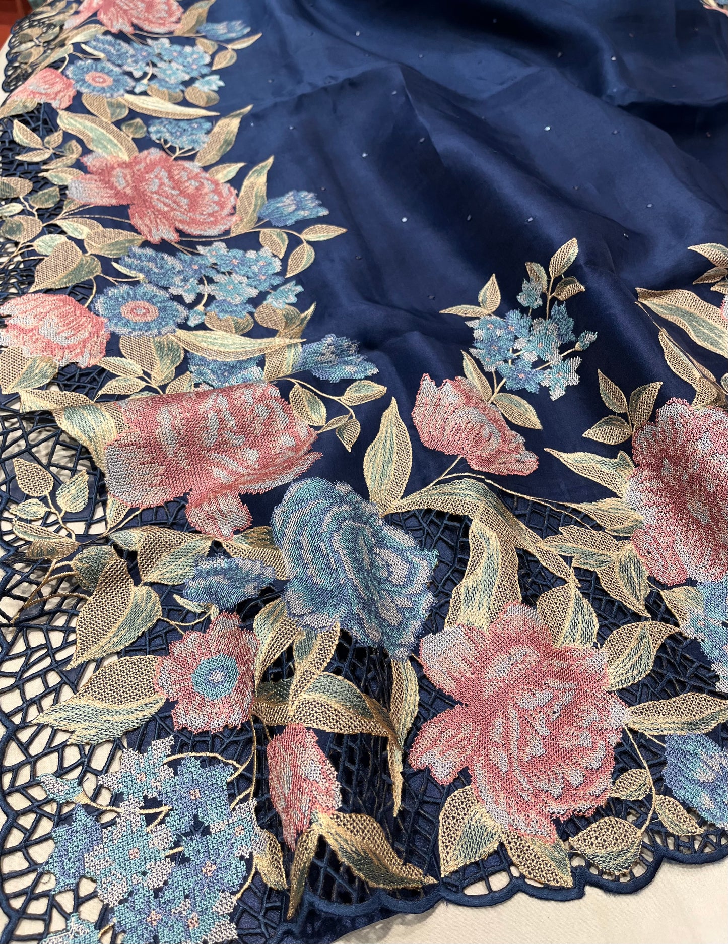 ( DELIVERY IN 25 DAYS ) BLUE COLOR ORGANZA SILK EMBROIDERED SAREE EMBELLISHED WITH CROSS STITCH EMBROIDERY & MIRROR WORK