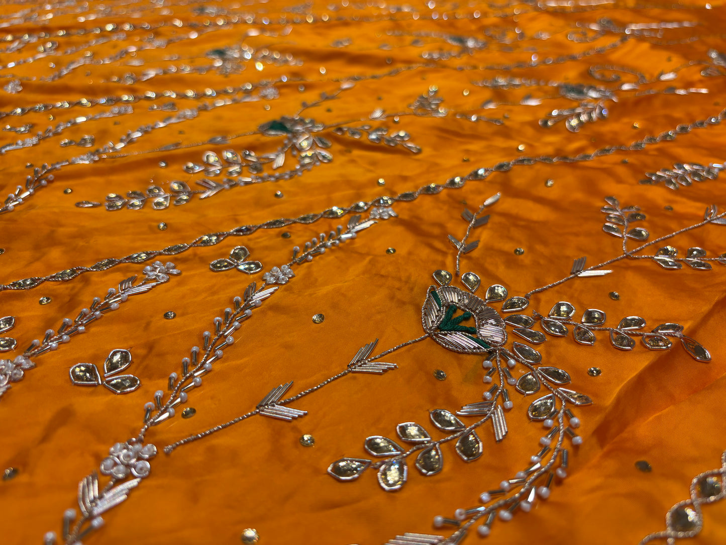 (DELIVERY IN 30 DAYS) ORANGE PURE SATIN SILK POSHAK WITH HAND EMBROIDERED ZARDOZI, KUNDAN & DORI WORK
